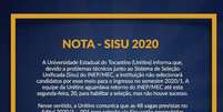 Universidade Estadual do Tocantins (Unitins) divulgou comunicado afirmando que não selecionará candidatos pelo Sisu por problemas no sistema do Inep  Foto: Reprodução/Facebook / Estadão