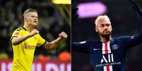 Haaland e Neymar são destaques de seus clubes no ano (Fotos: Ina Fassbender/AFP; Anne-Christine POUJOULAT/AFP)  Foto: Lance!