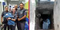 Os policiais militares Izidoro, Rafael, Vernini e Alessandro levaram o bebê resgatado para o hospital  Foto: Reprodução Facebook/ Polícia Militar do estado de São Paulo / Estadão Conteúdo