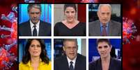 Acima, William Bonner, da Globo; Christiane Pelajo, da GloboNews; William Waack, da CNN Brasil; Adriana Araújo, da RecordTV; Eduardo Oinegue, da Band; e Mariana Godoy, da RedeTV!: informação qualificada em prol do bem-estar do telespectador  Foto: Reprodução