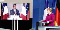 Entrevista coletiva conjunta (e por vídeo) do presidente da França, Emmanuel Macron, e da chanceler alemã, Angela Merkel 
18/05/2020
Kay Nietfeld/Pool via REUTERS  Foto: Reuters