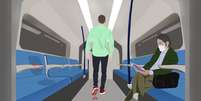 Ilustração de homem caminhando em vagão de trem  Foto: BBC News Brasil