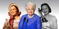 Olivia de Havilland aos 26 anos, como Melanie em E o Vento Levou; no Oscar de 2003, prestes a completar 87; e ao ganhar a segunda estatueta, em 1950  Foto: Reprodução