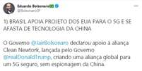 Post sobre 5G apagado pelo deputado Eduardo Bolsonaro  Foto: Reprodução / Estadão Conteúdo
