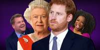 A rainha Elizabeth e o príncipe Harry entre o comediante James Corden e a apresentadora Oprah Winfrey: a mídia usada mais uma vez para desafiar o poder da monarquia  Foto: Fotomontagem: Blog Sala de TV