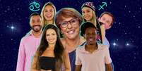 Marcia Sensitiva entre os cancerianos Gilberto e Sarah, e os sagitarianos Juliette, Carla e Lucas (escondido, Tiago Leifert, taurino como a esotérica): signos dos elementos Água e Fogo se destacam no ‘BBB21’  Foto: Sala de TV