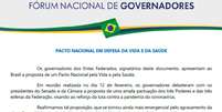 Documento divulgado pelo Fórum Nacional de Governadores.  Foto: Reprodução/ Fórum Nacional de Governadores / Estadão