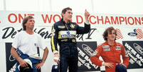 Senna entre Lattife e Prost: o pódio do GP dos EUA de 1986   Foto: Forix/Jad Sherif / Grande Prêmio