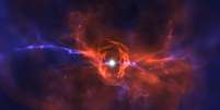 Esta simulação de como seria uma das primeiras estrelas é baseada em dados astronômicos — muitas delas eram mais massivas do que nosso Sol e tiveram uma vida relativamente curta  Foto: Ralf Kaehler/Tom Abel / BBC News Brasil
