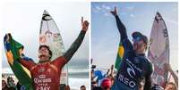 Gabriel Medina (à esquerda) e Ítalo Ferreira venceram suas baterias e estão nas oitavas (Montagem Lance!
Fotos: Olivier MORIN / AFP)  Foto: Lance!