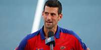 Novak Djokovic fala com a imprensa após vencer partida durante os Jogos de Tóquio
28/07/2021 REUTERS/Mike Segar  Foto: Reuters
