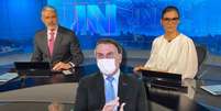 Jair Bolsonaro vê o ‘Jornal Nacional’ como inimigo tão nocivo quanto o coronavírus  Foto: Reprodução/Facebook/@jornalnacional e Presidência da República/Divulgação