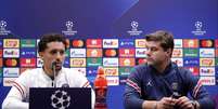 Marquinhos e Mauricio Pochettino durante entrevista coletiva nesta terça-feira  Foto: Reprodução/@psg.fr