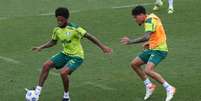 Gustavo Gómez marca Luiz Adriano em treino tático do Palmeiras nesta quarta-feira  Foto: Cesar Greco/Palmeiras