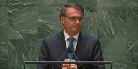 O presidente Jair Bolsonaro discursa na 76ª Assembleia-Geral da ONU.  Foto: Reprodução/ YouTube/ ONU / Estadão