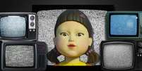 A boneca sinistra de ‘Round 6’ poderia colocar para assar a batatinha de certos canais de TV  Foto: Fotomontagem: Blog Sala de TV