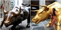 Esculturas de touro em Nova York e São Paulo; artista brasileiro diz que sua obra é 'original' e 'não replica' obra de outro artista  Foto: Reuters/EPA / BBC News Brasil