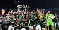 Elenco do Palmeiras comemora o tricampeonato da Libertadores (PABLO PORCIUNCULA/AFP)  Foto: Lance!