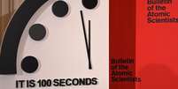 O Relógio do Juízo Final marca 100 segundos para a meia-noite  Foto: Thomas Gaulkin/Bulletin of the Atomic Scientists / BBC News Brasil