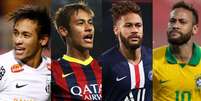 Entre o garoto do Santos, a afirmação no Barcelona, a busca por ser referência no PSG e a esperança da Seleção Brasileira: as faces de Neymar (Ricardo Saibun/Divulgação Santos FC - Quique Garcia/AFP - Franck Fife/AFP - Lucas Figueiredo / CBF  Foto: Lance!