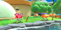 Kirby pescando em Kirby and the Forgotten Land   Foto: Divulgação/Nintendo / Tecnoblog