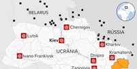 Mapa mostrando ataques aéreos  Foto: BBC News Brasil