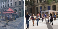 ANTES E DEPOIS: Praça Antônio Prado terá novo visual sem o tradicional mosaico português   Foto: Reprodução e SPObras