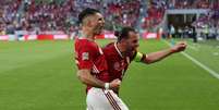 Jogadores da Hungria comemoram na vitória sobre a Inglaterra, pela Eurocopa. 4/6/ 2022  REUTERS/Bernadett Szabo  Foto: Reuters