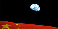 Bandeira chinesa no espaço com a Terra ao fundo  Foto: BBC/Getty Images/Nasa / BBC News Brasil