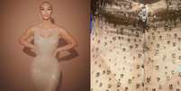 Kim Kardashian causou por surgir no tapete vermelho usando um vestido original de Marilyn Monroe  Foto: Instagram/@kimkardashian e @marilynmonroecollection / Alto Astral
