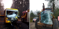 Ônibus escolar bate contra retroescavadeira na Rodovia SC-446, na altura do quilômetro 25, entre os municípios de Siderópolis e Treviso, em Santa Catarina  Foto: Corpo de Bombeiros de SC/Divulgação