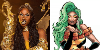 Shea Couleé a esquerda, a drag mutante Darkveil a direita   Foto: Reprodução/ Drag Files / Ilustração: Sina Grace|Marvel