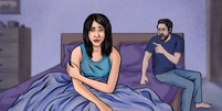 Ilustração de uma mulher e um homem na cama juntos. A mulher parece angustiada, o homem está gritando com ela com raiva.  Foto: Manuella Bonomi / BBC News Brasil