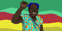 Ilustração de uma mulher negra com os punhos erguidos, ela representa a mãe da criança atacada. Ao fundo, estão as cores da bandeira do Moçambique.  Foto: Imagem: Dora Lia/ Alma Preta Jornalismo / Alma Preta