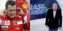 Schumacher sofreu grave acidente em 2013; Datena pediu cautela na busca por 'furo mundial' (Fotos: AFP; Reprodução/Band)  Foto: Lance!