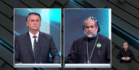 O presidente e candidato à reeleição, Jair Bolsonaro (PL), e o candidato Padre Kelmon (PTB) participam de debate presidencial.  Foto: Reprodução/ YouTube SBT News