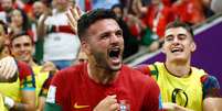 Jogador Gonçalo Ramos, de Portugal, comemora gol marcado contra a Suíça em jogo pelas oitavas de final da Copa do Catar  Foto: Kai Pfaffenbach / Reuters