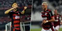 João Gomes e Arrascaeta brincaram nas redes sociais: (Fotos: Gilvan de Souza/Flamengo; Marcelo Cortes / Flamengo)  Foto: Lance!