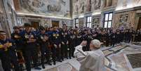 Papa Francisco durante o encontro com membros da Federação Italiana de Vôlei  Foto: Ansa / Ansa - Brasil