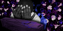 Imagem mostra uma pessoa negra chorando a morte de alguém diante de um caixão.  Foto: Imagem: Alma Preta Jornalismo/Dora Lia / Alma Preta