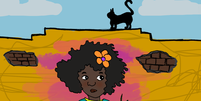 A imagem mostra uma criança negra desenhada em um muro laranja. Sobre o muro, anda um gato preto. A imagem ilustra matéria sobre racismo estrutural no uso indevido de fotos.  Foto: Imagem: Dora Lia/Alma Preta Jornalismo / Alma Preta