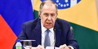 Sergei Lavrov durante coletiva após reunião com o ministro Mauro Vieira, em Brasília  Foto: Ton Molina / Estadão