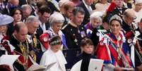 O príncipe de Gales, a Princesa Charlotte, o Príncipe Louis e a Princesa de Gales na cerimônia de coroação do Rei Charles III e da Rainha Camilla na Abadia de Westminster, Londres. Data da foto: sábado, 6 de maio de 2023.   Foto: Victoria Jones/Pool via REUTERS