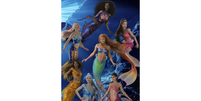Matéria promocional com Ariel no centro; ao redor, de cima para baixo e em sentido horário, estão Tamika, Mala, Perla, Karina, Indira, Caspia.  Foto: Adoro Cinema