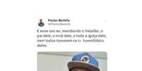 Pastor responde publicação homofóbica de Valadão com xingamento.   Foto: Reprodução: Instagram/@pastorberlofa