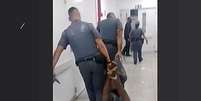 Ministério Público do estado de São Paulo (MP) denunciou por três crimes nesta sexta-feira (16) o homem que foi carregado por policiais militares com mãos e pés amarrados  Foto: Reprodução TV