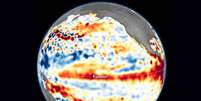 Imagem capturada por satélite da Nasa mostra anomalias no nível da água do Oceano Pacífico, indicando o superaquecimento provocado pelo El Nino.  Foto: Divulgação/ Nasa / Estadão