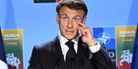 Emmanuel Macron, presidente da Fran&ccedil;a, durante C&uacute;pula da Otan (12/07/23)  Foto: Dursun Aydemir/Reuters