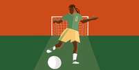 Ilustração mostra jogadora negra de futebol feminino chutando bola.  Foto: Imagem: Nathi de Souza / Alma Preta