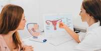 Mulher olha explicação médica sobre sistema reprodutor feminino  Foto: Getty Images / BBC News Brasil